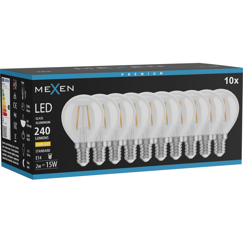 Mexen Vintis 10x LED filament izzó E14, G45, 2W, Meleg - 2700K, 240 lm, átlátszó - L156-E14-0227-00x10