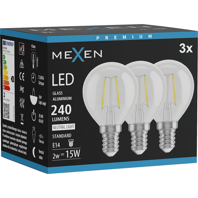 Mexen Vintis 3x LED filament izzó E14, G45, 2W, Semleges - 4000K, 240 lm, átlátszó - L156-E14-0240-00x03