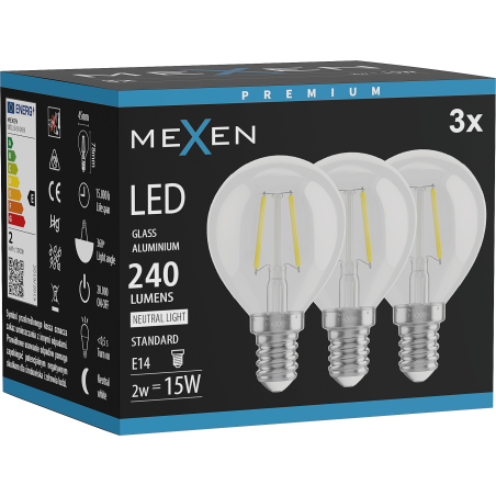 Mexen Vintis 3x LED filament izzó E14, G45, 2W, Semleges - 4000K, 240 lm, átlátszó - L156-E14-0240-00x03