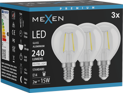 Mexen Vintis 3x LED filament izzó E14, G45, 2W, Semleges - 4000K, 240 lm, átlátszó - L156-E14-0240-00x03