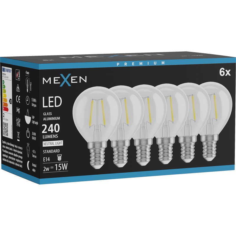 Mexen Vintis 6x LED filament izzó E14, G45, 2W, Semleges - 4000K, 240 lm, átlátszó - L156-E14-0240-00x06