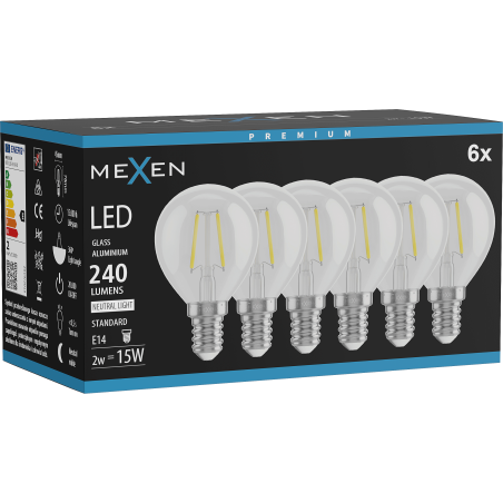 Mexen Vintis 6x Bec cu filament LED E14, G45, 2W, Neutru - 4000K, 240 lm, clar - L156-E14-0240-00x06