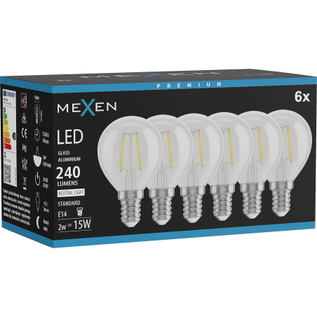 Mexen Vintis 6x LED filament izzó E14, G45, 2W, Semleges - 4000K, 240 lm, átlátszó - L156-E14-0240-00x06