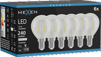 Mexen Vintis 6x Bec cu filament LED E14, G45, 2W, Neutru - 4000K, 240 lm, clar - L156-E14-0240-00x06
