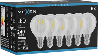 Mexen Vintis 6x LED filament izzó E14, G45, 2W, Semleges - 4000K, 240 lm, átlátszó - L156-E14-0240-00x06