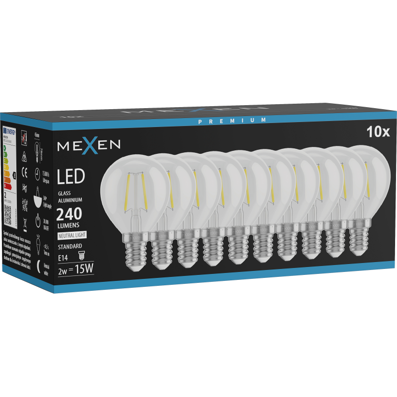 Mexen Vintis 10x LED filament izzó E14, G45, 2W, Semleges - 4000K, 240 lm, tiszta - L156-E14-0240-00x10