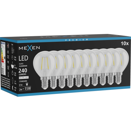 Mexen Vintis 10x LED filament izzó E14, G45, 2W, Semleges - 4000K, 240 lm, tiszta - L156-E14-0240-00x10
