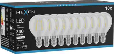 Mexen Vintis 10x LED filament izzó E14, G45, 2W, Semleges - 4000K, 240 lm, tiszta - L156-E14-0240-00x10