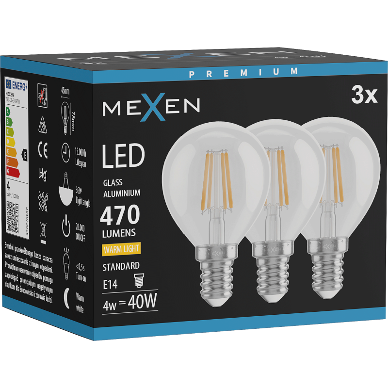 Mexen Vintis 3x LED filament izzó E14, G45, 4W, Meleg - 2700K, 470 lm, átlátszó - L156-E14-0427-00x03
