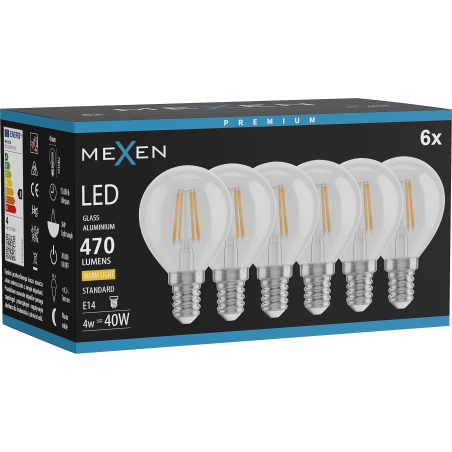 Mexen Vintis 6x Bec LED filament E14, G45, 4W, Cald - 2700K, 470 lm, clar - L156-E14-0427-00x06