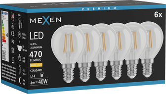 Mexen Vintis 6x LED filament izzó E14, G45, 4W, Meleg - 2700K, 470 lm, átlátszó - L156-E14-0427-00x06