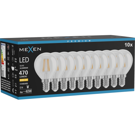 Mexen Vintis 10x LED szálas izzó E14, G45, 4W, Meleg - 2700K, 470 lm, átlátszó - L156-E14-0427-00x10