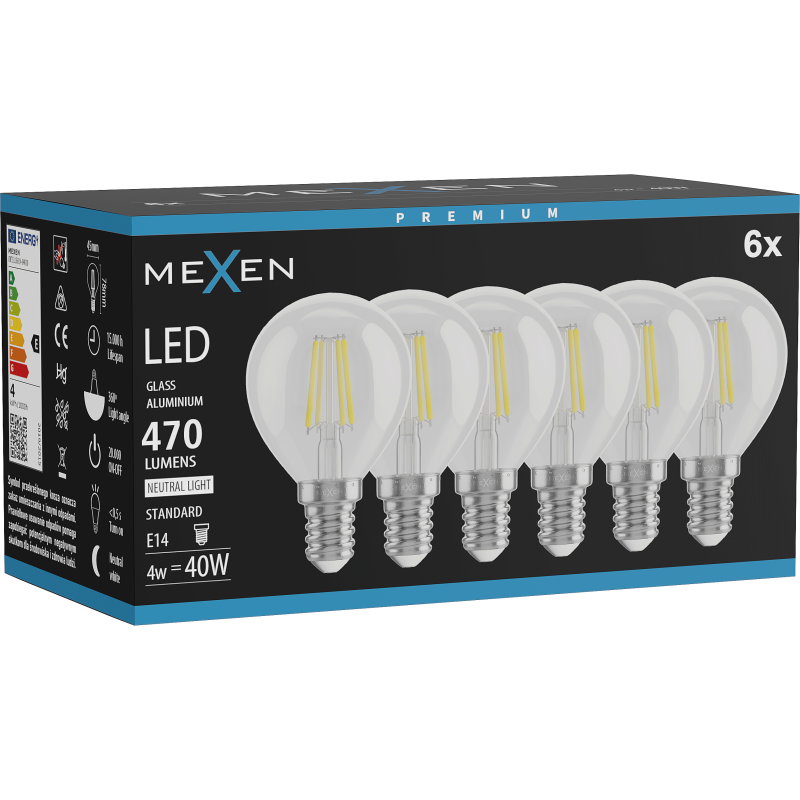 Mexen Vintis 6x LED filament izzó E14, G45, 4W, Semleges - 4000K, 470 lm, átlátszó - L156-E14-0427-00x06