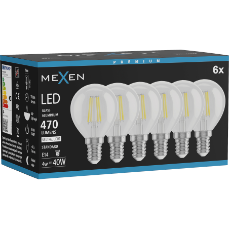 Mexen Vintis 6x LED filament izzó E14, G45, 4W, Semleges - 4000K, 470 lm, átlátszó - L156-E14-0427-00x06