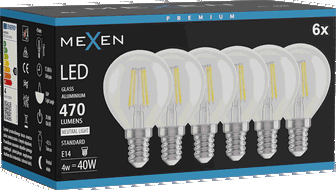 Mexen Vintis 6x Bec filamente cu LED E14, G45, 4W, Neutru - 4000K, 470 lm, transparent - L156-E14-0427-00x06