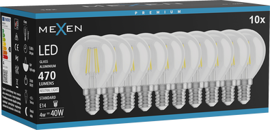 Mexen Vintis 10x LED filament izzó E14, G45, 4W, Semleges - 4000K, 470 lm, átlátszó - L156-E14-0427-00x10