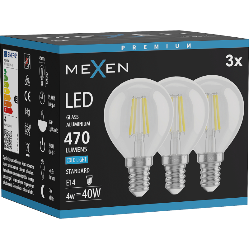 Mexen Vintis 3x LED filament izzó E14, G45, 4W, Hideg - 6500K, 470 lm, átlátszó - L156-E14-0465-00x03