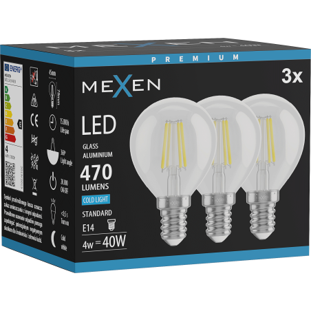 Mexen Vintis 3x LED filament izzó E14, G45, 4W, Hideg - 6500K, 470 lm, átlátszó - L156-E14-0465-00x03