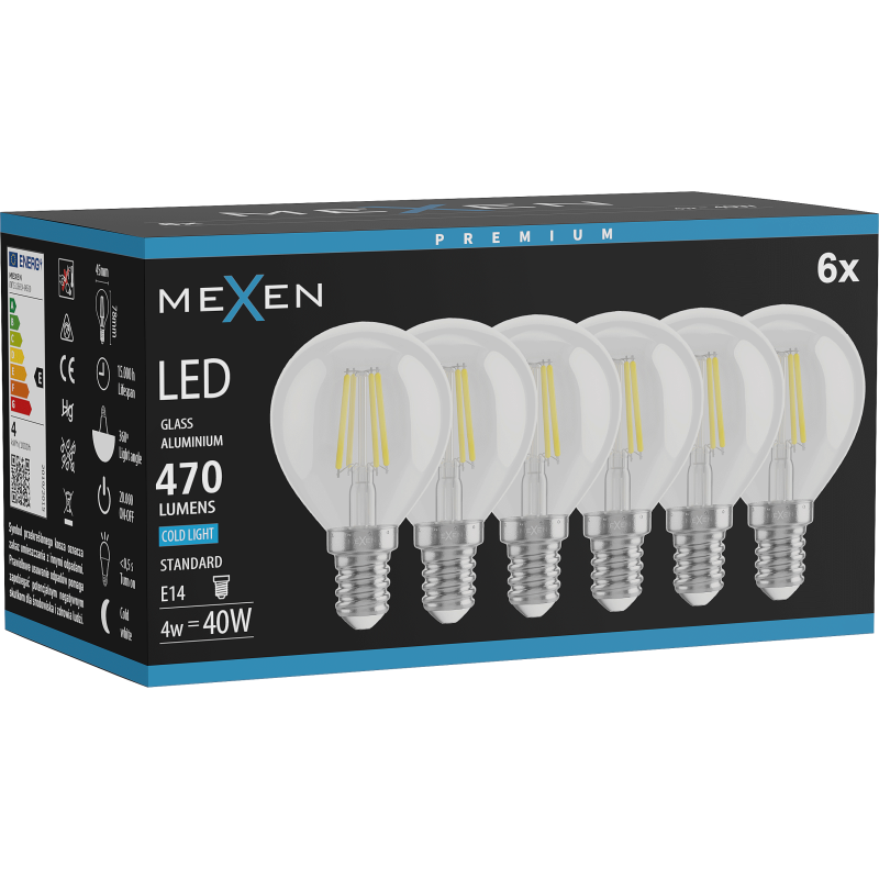 Mexen Vintis 6x LED filament izzó E14, G45, 4W, Hideg - 6500K, 470 lm, átlátszó - L156-E14-0465-00x06