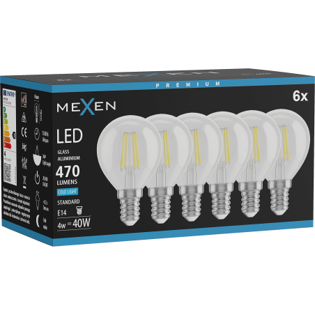 Mexen Vintis 6x LED filament izzó E14, G45, 4W, Hideg - 6500K, 470 lm, átlátszó - L156-E14-0465-00x06