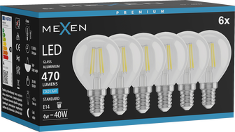 Mexen Vintis 6x LED filament izzó E14, G45, 4W, Hideg - 6500K, 470 lm, átlátszó - L156-E14-0465-00x06