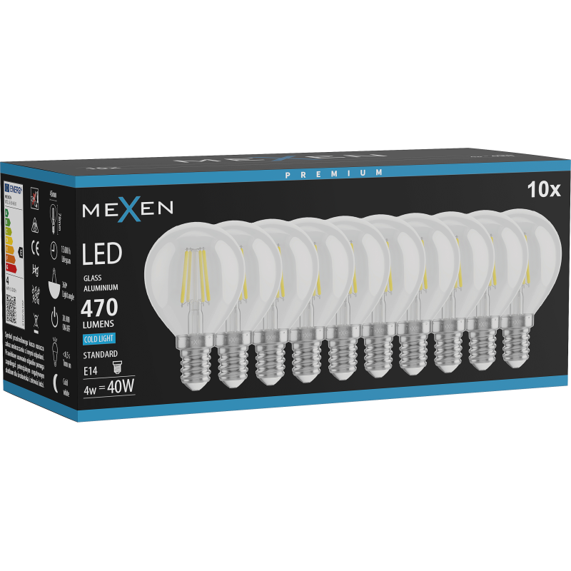 Mexen Vintis 10x Bec filament LED E14, G45, 4W, Rece - 6500K, 470 lm, clar - L156-E14-0465-00x10