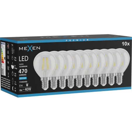 Mexen Vintis 10x Bec filament LED E14, G45, 4W, Rece - 6500K, 470 lm, clar - L156-E14-0465-00x10