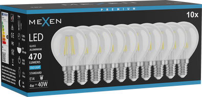 Mexen Vintis 10x LED filament izzó E14, G45, 4W, Hideg - 6500K, 470 lm, átlátszó - L156-E14-0465-00x10