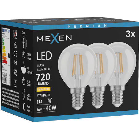Mexen Vintis 3x LED filament izzó E14, G45, 6W, Meleg - 2700K, 720 lm, tiszta - L156-E14-0627-00x03