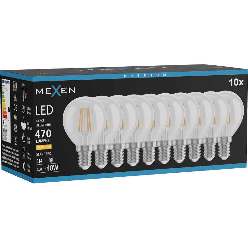 Mexen Vintis 10x LED filament izzó E14, G45, 6W, Meleg - 2700K, 720 lm, átlátszó - L156-E14-0627-00x10