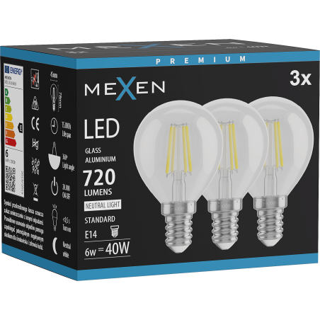 Mexen Vintis 3x Bec cu filament LED E14, G45, 6W, Neutru - 4000K, 720 lm, clar - L156-E14-0640-00x03
