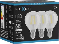 Mexen Vintis 3x LED filament izzó E14, G45, 6W, Semleges - 4000K, 720 lm, tiszta - L156-E14-0640-00x03