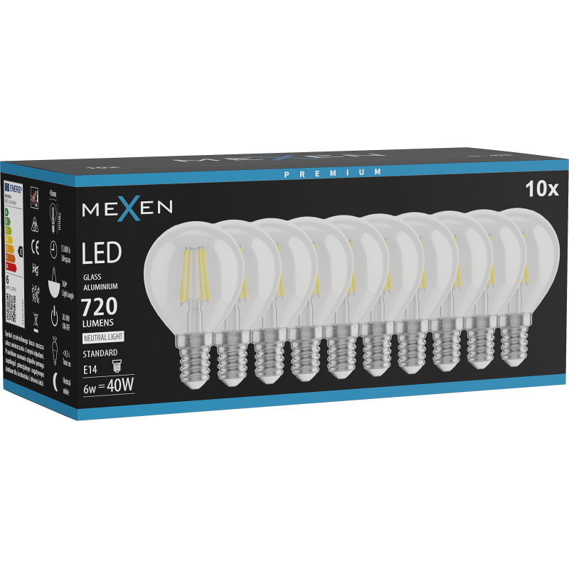 Mexen Vintis 10x LED filament izzó E14, G45, 6W, Semleges - 4000K, 720 lm, átlátszó - L156-E14-0640-00x10