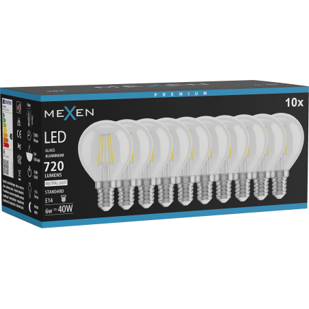 Mexen Vintis 10x LED filament izzó E14, G45, 6W, Semleges - 4000K, 720 lm, átlátszó - L156-E14-0640-00x10
