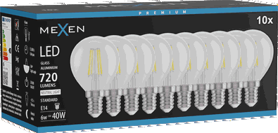 Mexen Vintis 10x Bec cu filament LED E14, G45, 6W, Neutru - 4000K, 720 lm, transparent - L156-E14-0640-00x10
