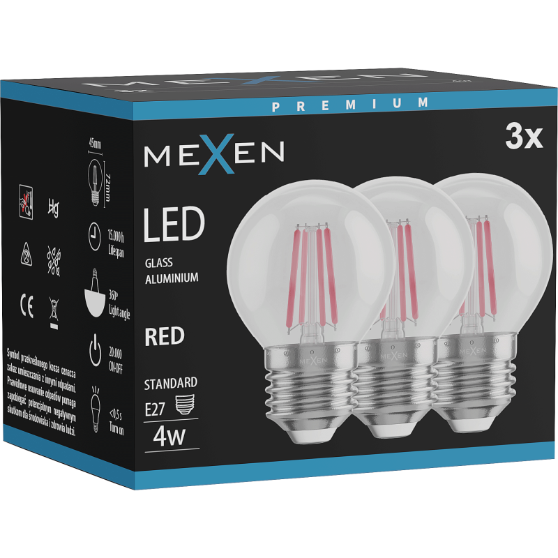 Mexen Vintis 3x LED filament izzó E27, G45, 4W, 55 lm, piros - L156-E27-04XX-45x03