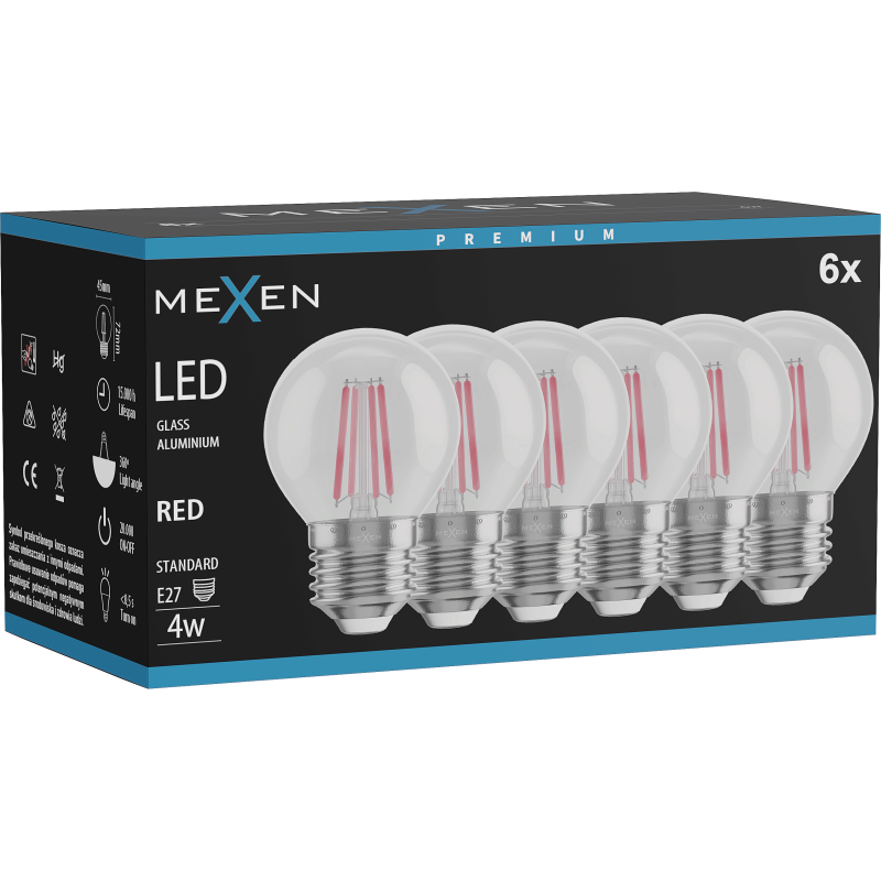 Mexen Vintis 6x LED filament izzó E27, G45, 4W, 55 lm, piros - L156-E27-04XX-45x06