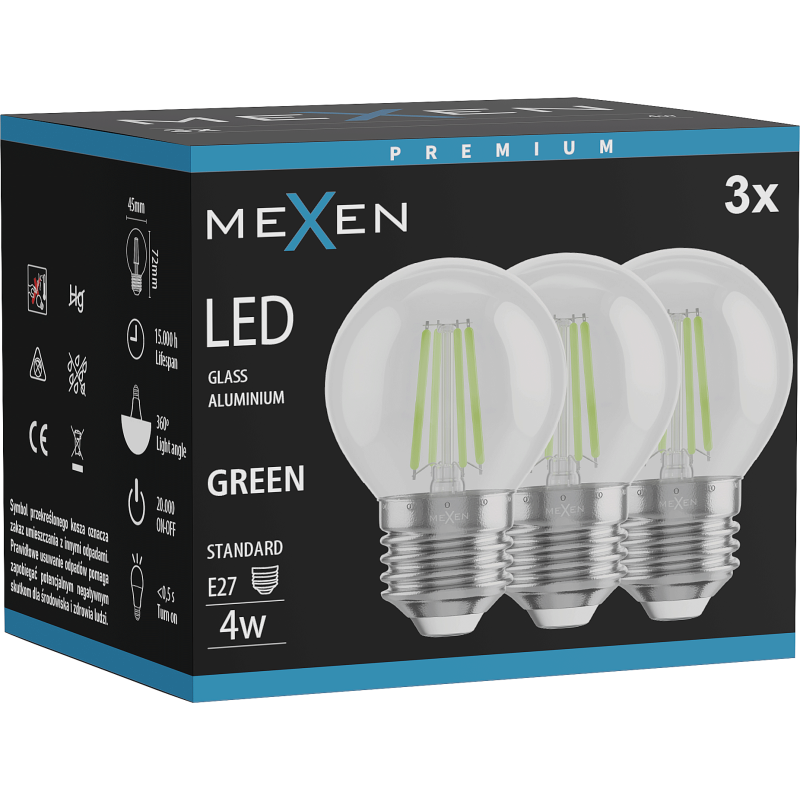 Mexen Vintis 3x LED filament izzó E27, G45, 4W, 55 lm, zöld - L156-E27-04XX-46x03