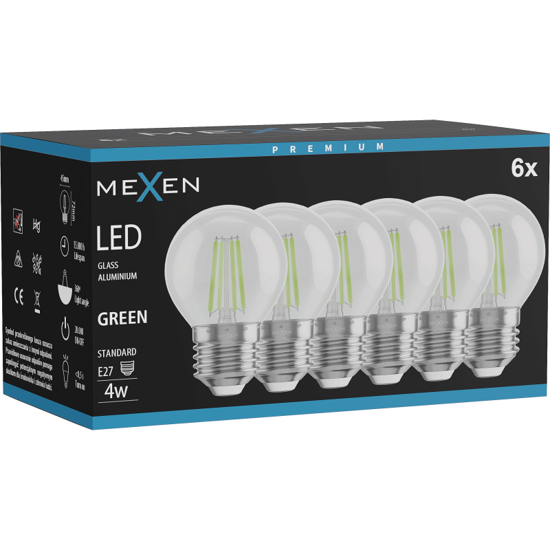 Mexen Vintis 6x LED filament izzó E27, G45, 4W, 55 lm, zöld - L156-E27-04XX-46x06