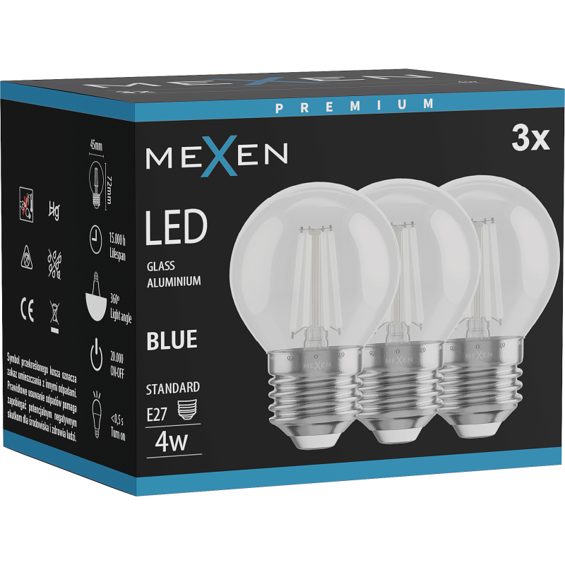 Mexen Vintis 3x LED filament izzó E27, G45, 4W, 55 lm, kék - L156-E27-04XX-47x03