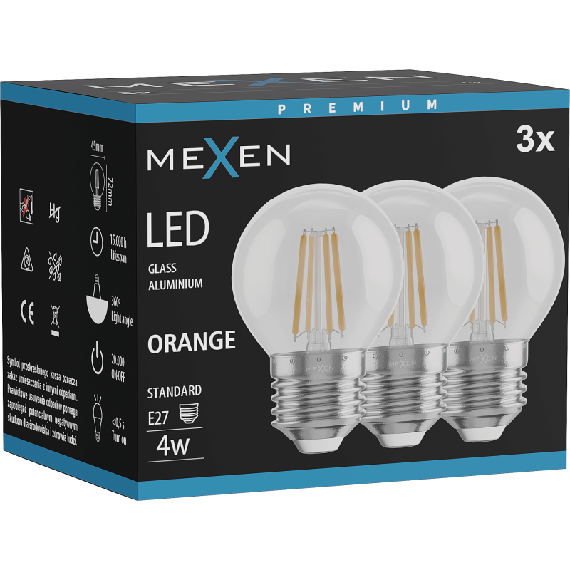 Mexen Vintis 3x Bec filament LED E27, G45, 4W, 55 lm, portocaliu - L156-E27-04XX-48x03