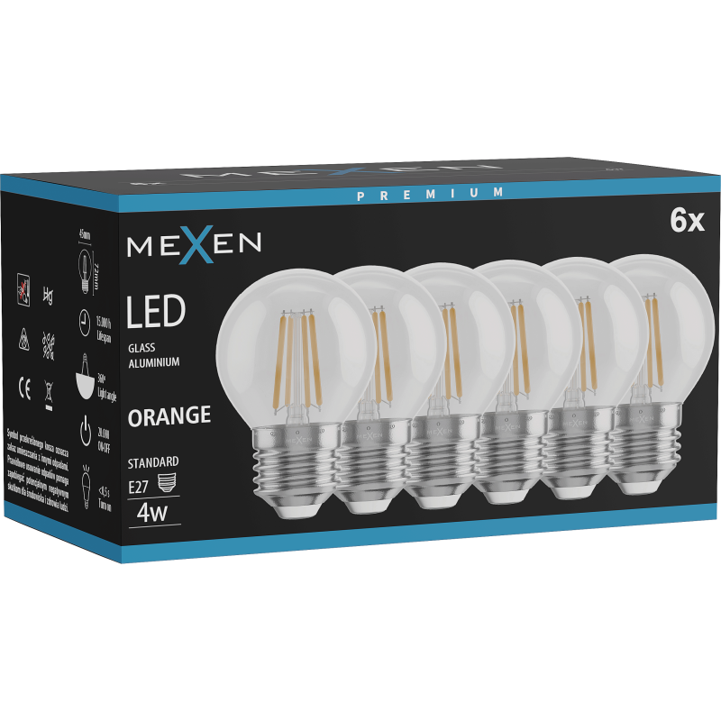 Mexen Vintis 6x Filament LED izzó E27, G45, 4W, 55 lm, narancssárga - L156-E27-04XX-48x06