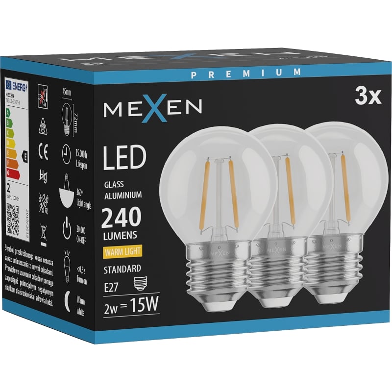 Mexen Vintis 3x Bec LED filament E27, G45, 2W, Cald - 2700K, 240 lm, clar - L156-E27-0227-00x03