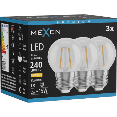 Mexen Vintis 3x Bec LED filament E27, G45, 2W, Cald - 2700K, 240 lm, clar - L156-E27-0227-00x03