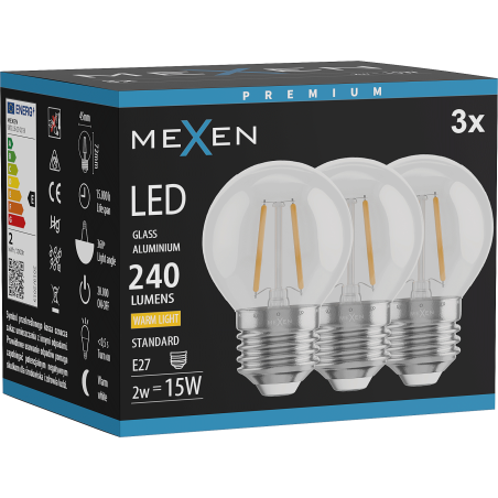 Mexen Vintis 3x Filament LED izzó E27, G45, 2W, Meleg - 2700K, 240 lm, átlátszó - L156-E27-0227-00x03