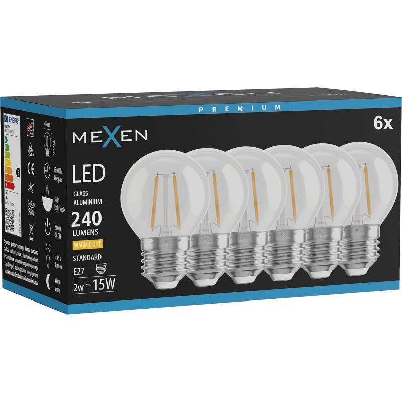 Mexen Vintis 6x Filament LED izzó E27, G45, 2W, Meleg - 2700K, 240 lm, átlátszó - L156-E27-0227-00x06