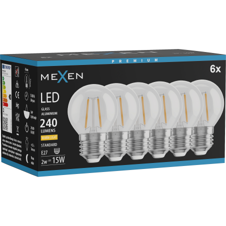 Mexen Vintis 6x Bec LED filament E27, G45, 2W, Cald - 2700K, 240 lm, clar - L156-E27-0227-00x06