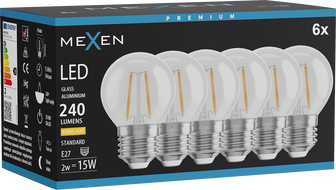 Mexen Vintis 6x LED filament izzó E27, G45, 2W, Meleg - 2700K, 240 lm, átlátszó - L156-E14-0227-00x06 - L156-E27-0227-00x06