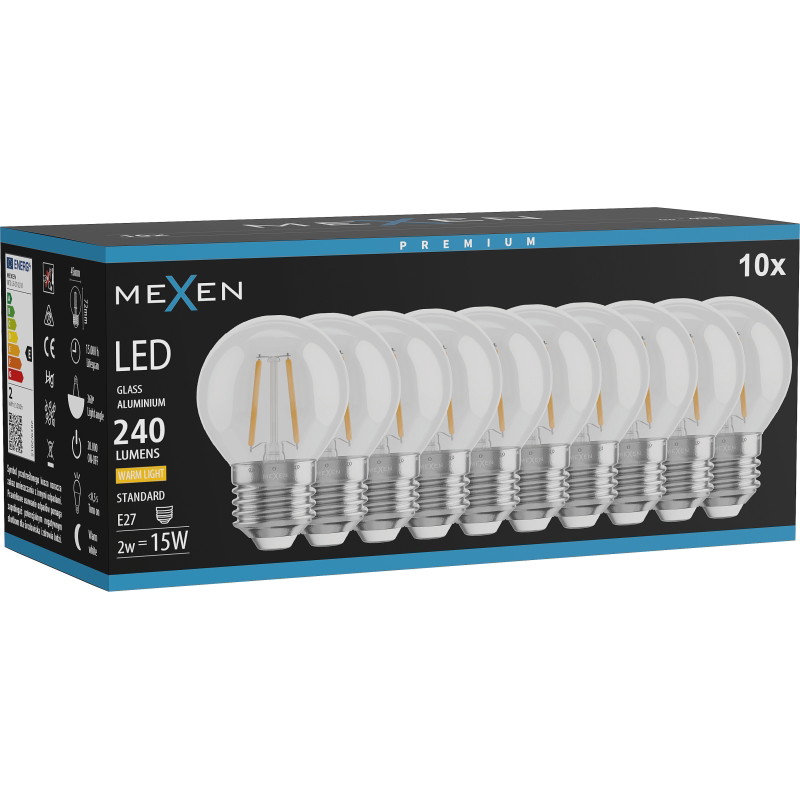Mexen Vintis 10x Bec filament LED E27, G45, 2W, Caldă - 2700K, 240 lm, clar - L156-E27-0227-00x10