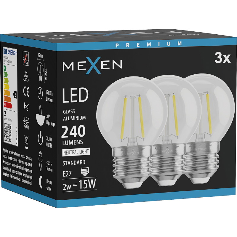 Mexen Vintis 3x Bec LED filament E27, G45, 2W, Neutru - 4000K, 240 lm, transparent - L156-E27-0227-00x03 - L156-E27-0240-00x03